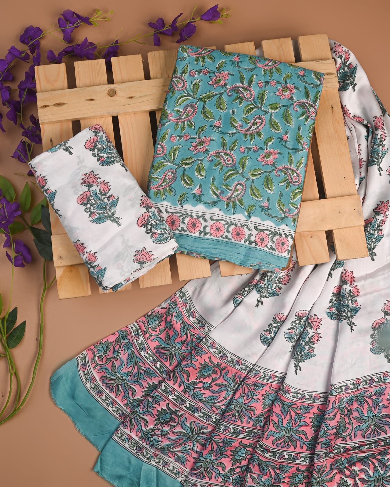 Light Blue Pink Floral Jal Cupro Modal Silk Handblock Printed Dress Material – Premium Rajasthani Wholesale Fabric